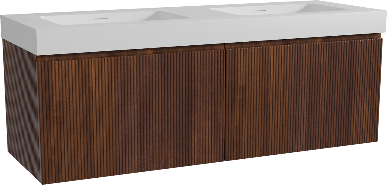 Storke Ribs hängendes Möbelstück Set: 150 x 52 cm, Nussbaum, mit Mata High Doppelwaschtisch, Solid Surface, Weiß matt, Vertikale symmetrische gerade Rippe