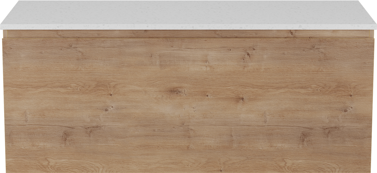 Linie Lado meuble salle de bains suspendu 120 x 46 cm chêne naturel avec Lado tablette simple ou double en mélaminé terrazzo blanc