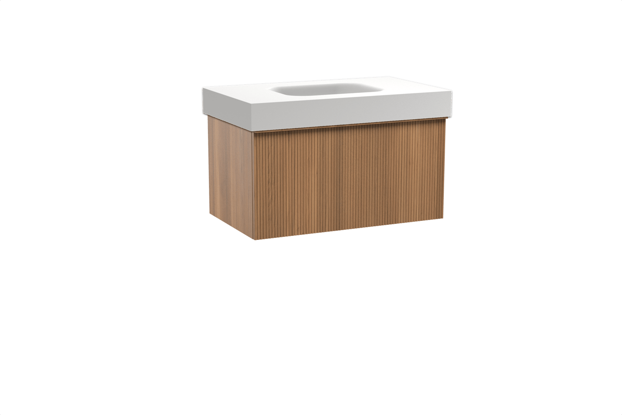 Balmani Forma hängendes Möbelstück Set: 90 x 55 cm, Teak, mit Arcato Einzelwaschtisch, Solid Surface, Weiß matt, Vertikale symmetrische gerade Rippe