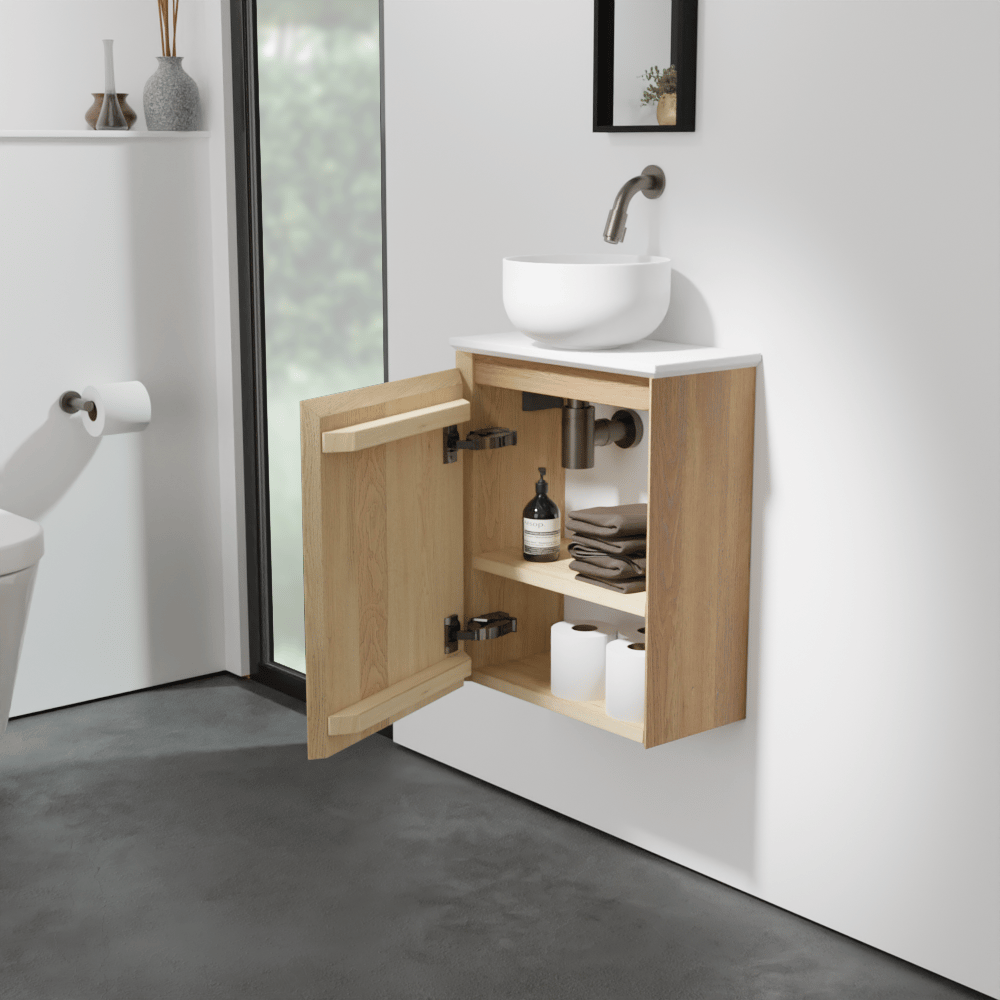 Balmani Mitra meuble wc suspendu 42 x 21 cm chêne naturel avec Facetta tablette et Jazz vaque à poser en Solid Surface mat
