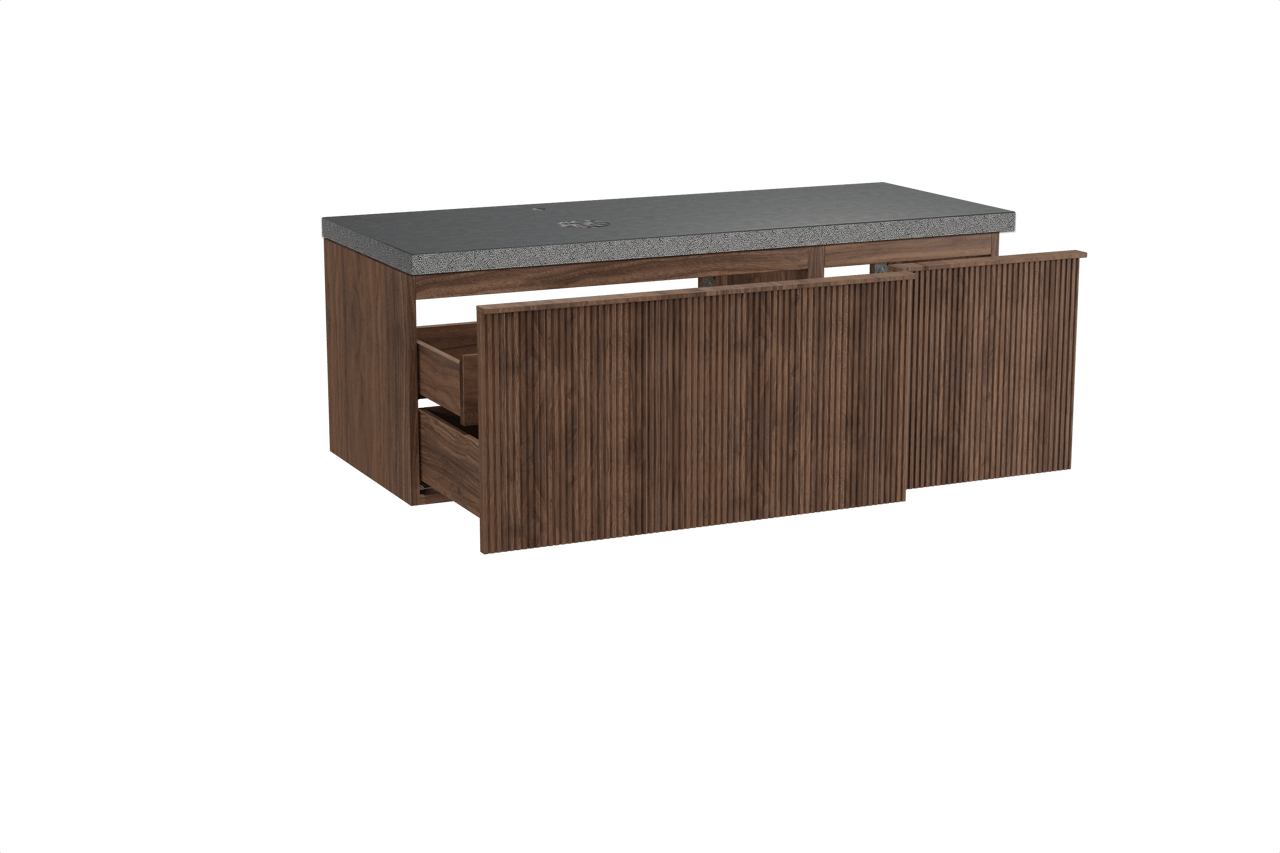 Balmani Forma hängendes Möbelstück Set: 135 x 55 cm, Amerikanischer Nussbaum, mit Rock Waschtisch links, Granit, Schwarzes Granit, Vertikale symmetrische gerade Rippe