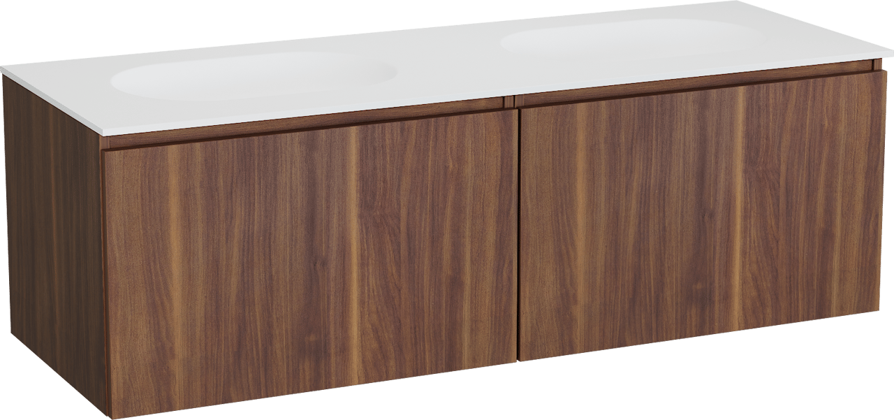 Balmani Sfera meuble salle de bains suspendu 150 x 55 cm noyer américain avec Tablo Oval double vasque en solid surface blanc mat