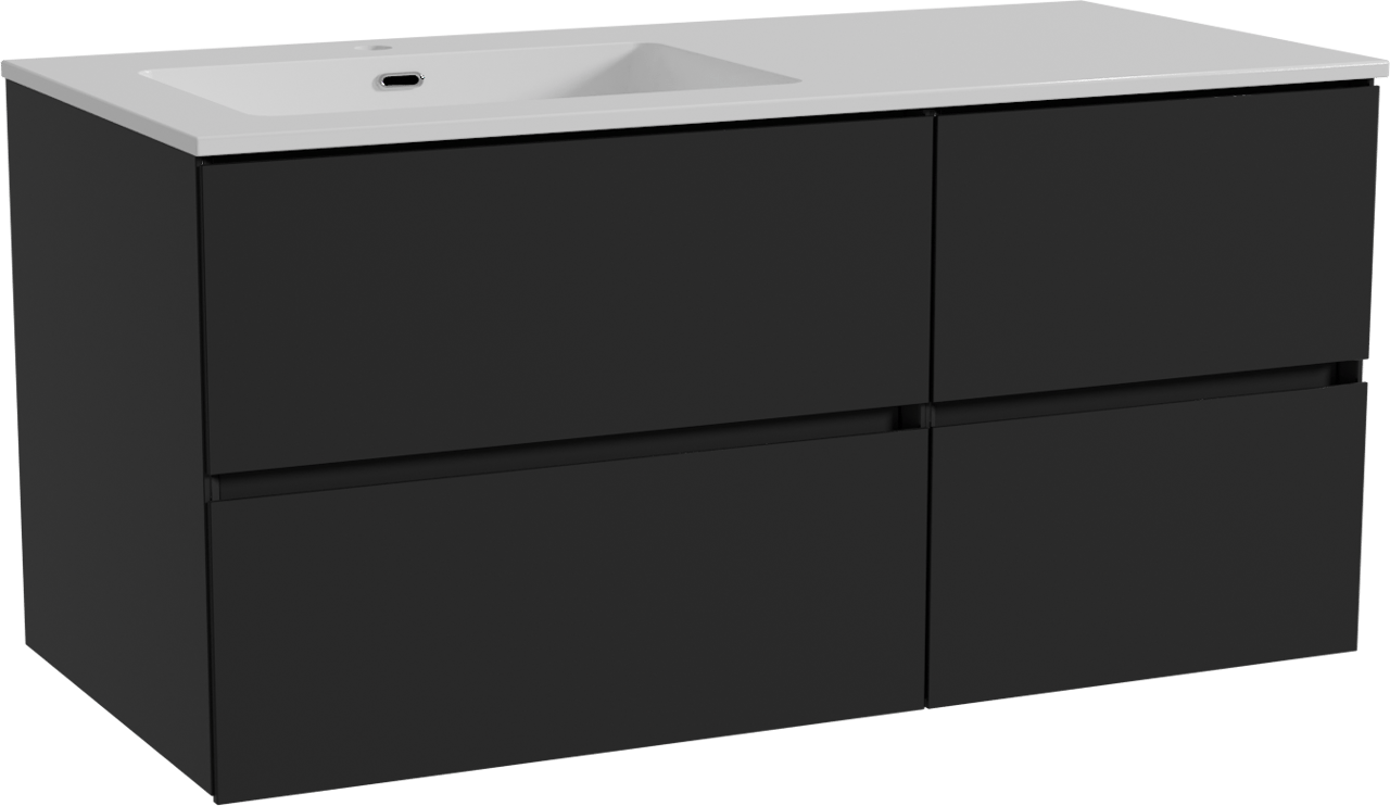 Storke Edge hängendes Möbelstück Set: 110 x 52 cm, Schwarz matt, mit Diva Waschtisch links, Marmorkomposit Weiß glänzend