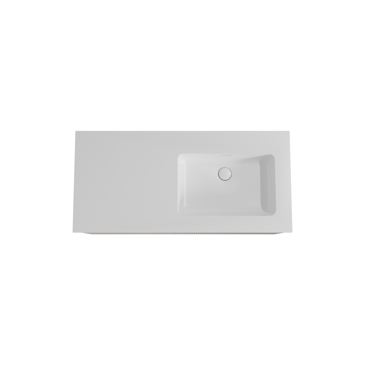 Storke Ribs zwevend badkamermeubel 110 x 52 cm ruwe eik met Mata asymmetrisch rechtse wastafel in solid surface mat wit, Verticale symmetrische rechte ribbel