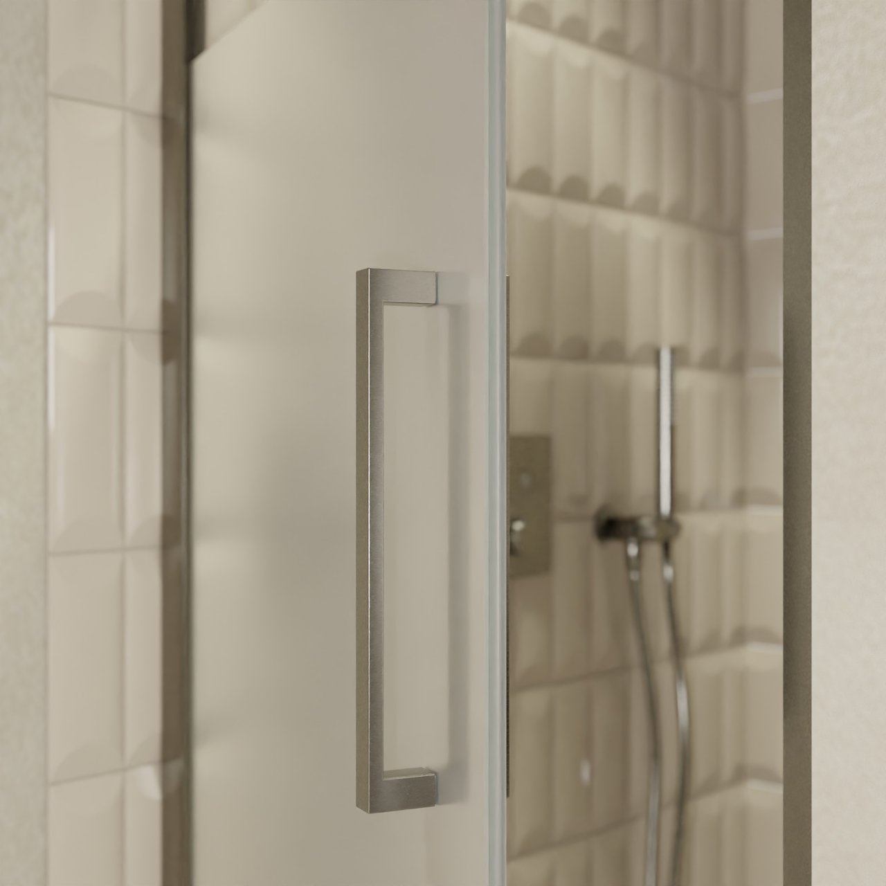 Balmani Senses Design Dusche Drehtür, Links, 90 cm x 210 cm, Klarglas mit mattiertem Streifen, Profil Brushed GunMetal