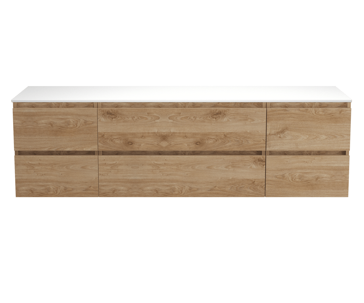 Balmani Lucida zwevend badkamermeubel 180 x 55 cm ruwe eik met Stretto enkel of dubbel tablet in solid surface mat wit
