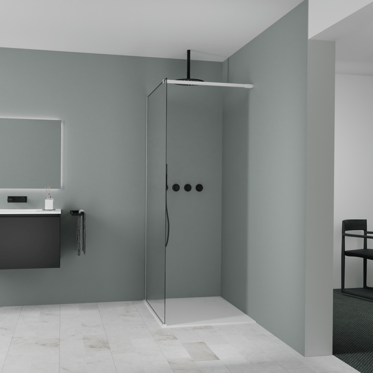 Balmani Modular douche à l'italienne: 100 x 200 cm, Ribs, avec coating, Profil Blanc mat