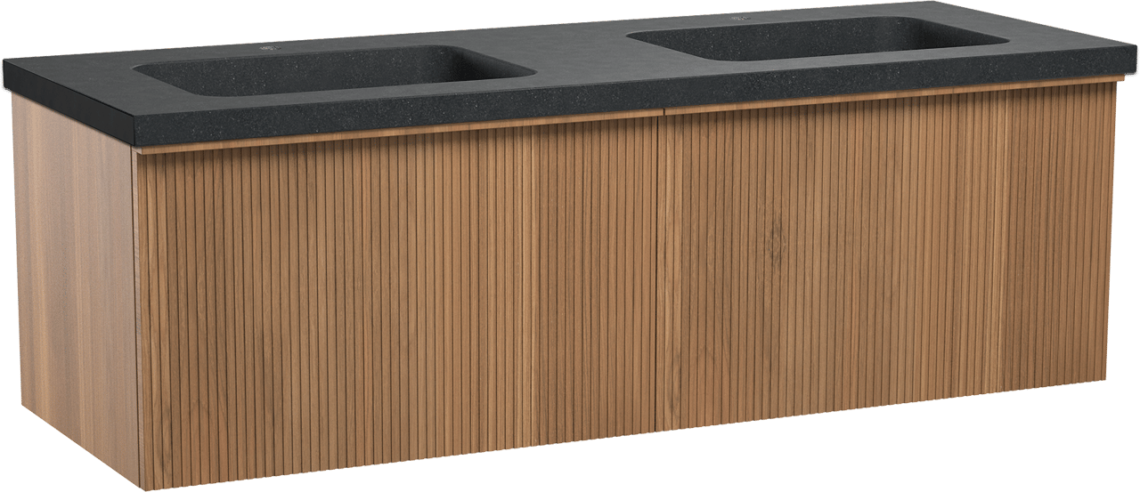 Balmani Forma zwevend badmeubel 150 x 55 cm teakhout met Napoli dubbele wastafel in zwart graniet, Verticale symmetrische rechte ribbel
