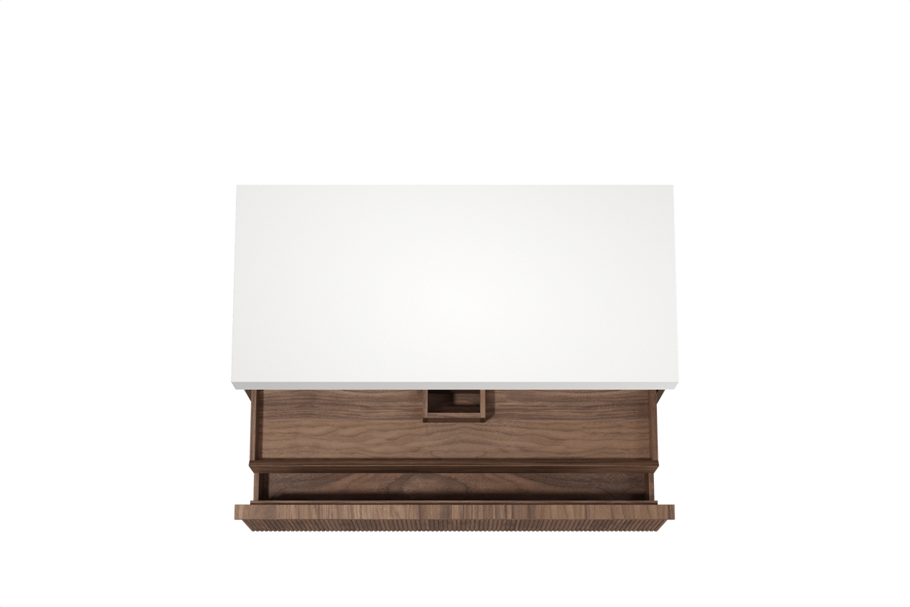 Balmani Forma hängendes Möbelstück Set: 120 x 55 cm, Amerikanischer Nussbaum, mit Dominus Einzel- oder Doppel Waschtischplatte, Solid Surface, Weiß matt, Vertikale symmetrische gerade Rippe