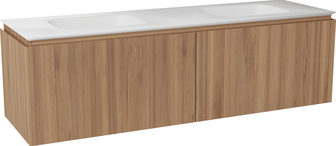 Balmani Eclips hängendes Möbelstück Set: 180 x 55 cm, Teak, mit Eclips Doppelwaschtisch Solid Surface Weiβ matt