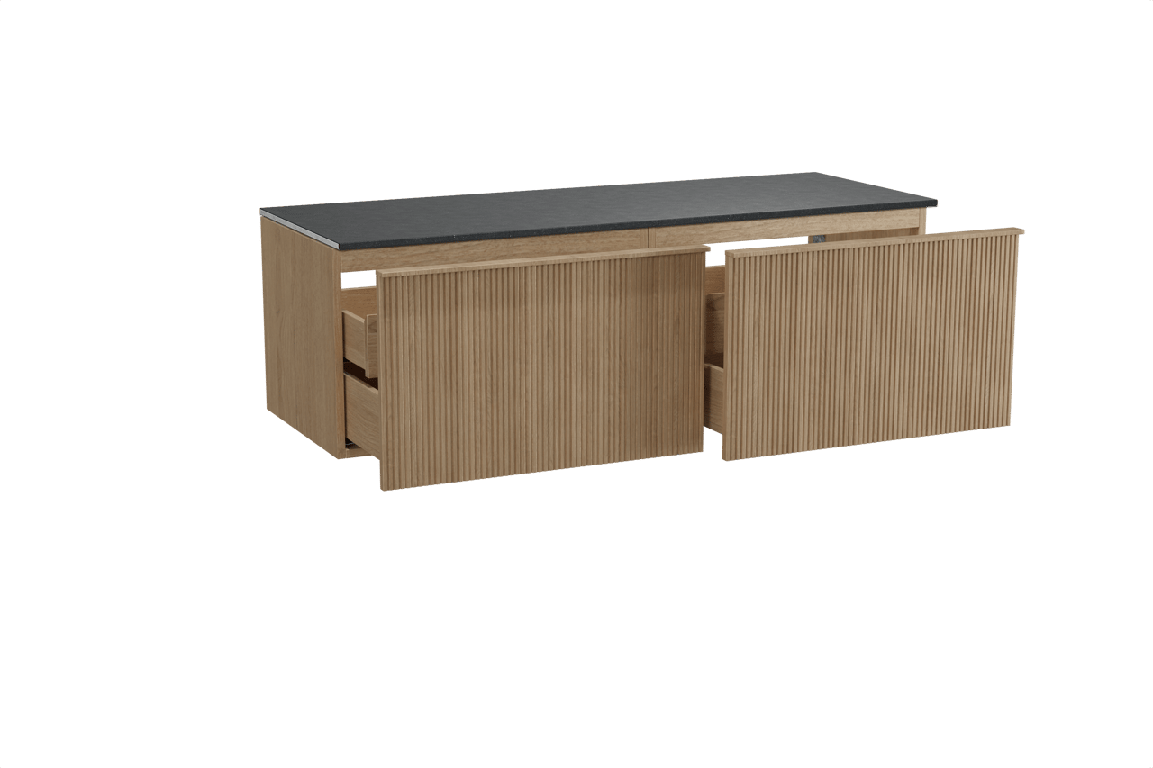 Balmani Forma meuble salle de bains suspendu 150 x 55 cm chêne naturel avec Stretto tablette simple ou double en granit noir, Nervure droite symétrique verticale