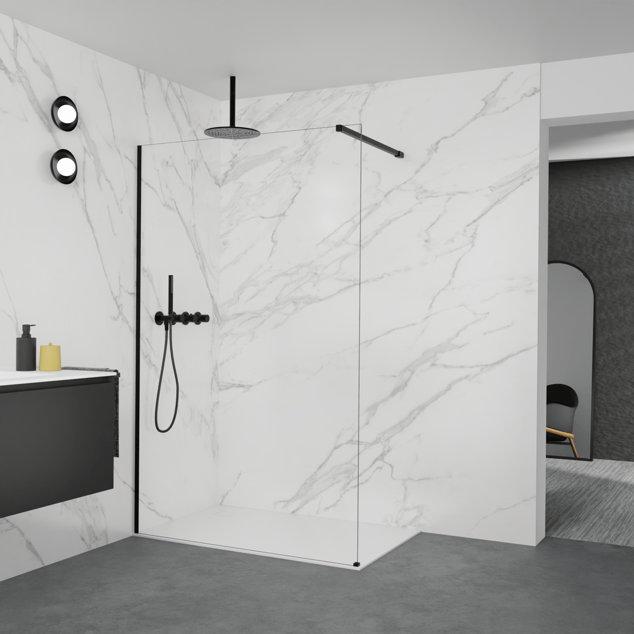 Balmani Modular douche à l'italienne: 130 x 200 cm, Verre transparent, avec coating, Profil Noir mat