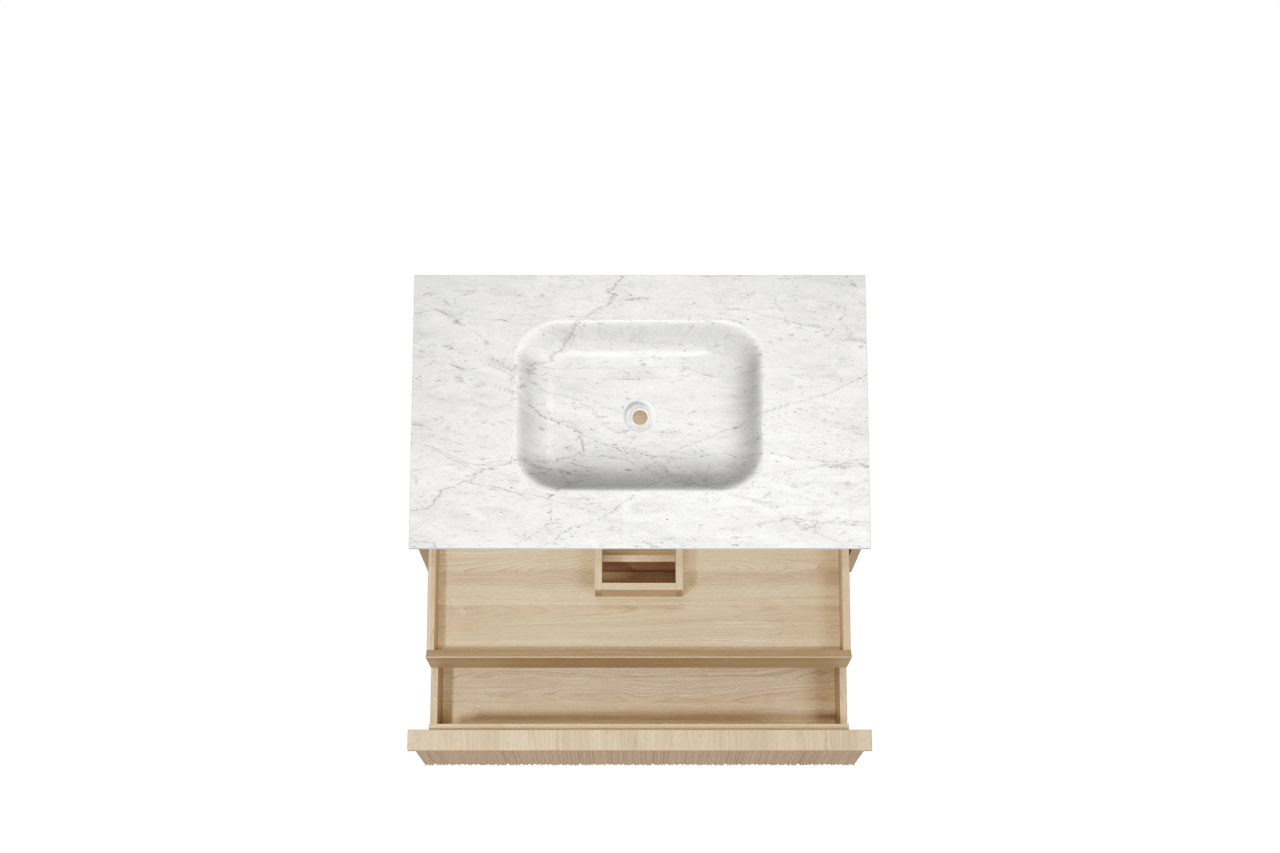 Balmani Forma hängendes Möbelstück Set: 90 x 55 cm, Naturbelassene Eiche, mit Tablo Arcato Einzelwaschtisch, Marmor, Carrara, Vertikale asymmetrische Runde Rippe