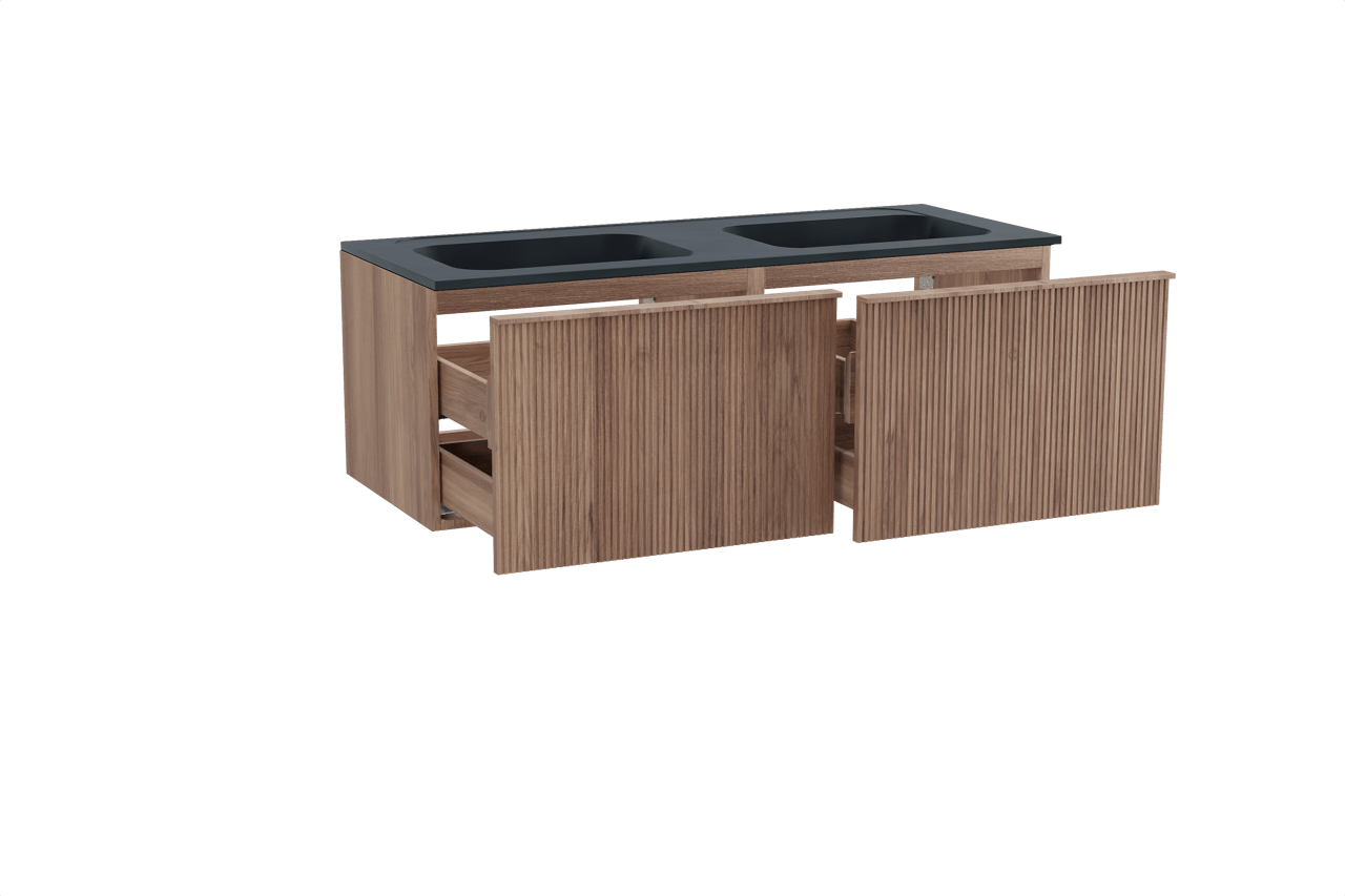 Balmani Forma zwevend badkamermeubel 135 x 55 cm teak met Tablo Strada dubbele wastafel in composietmarmer mat zwart, Verticale symmetrische rechte ribbel