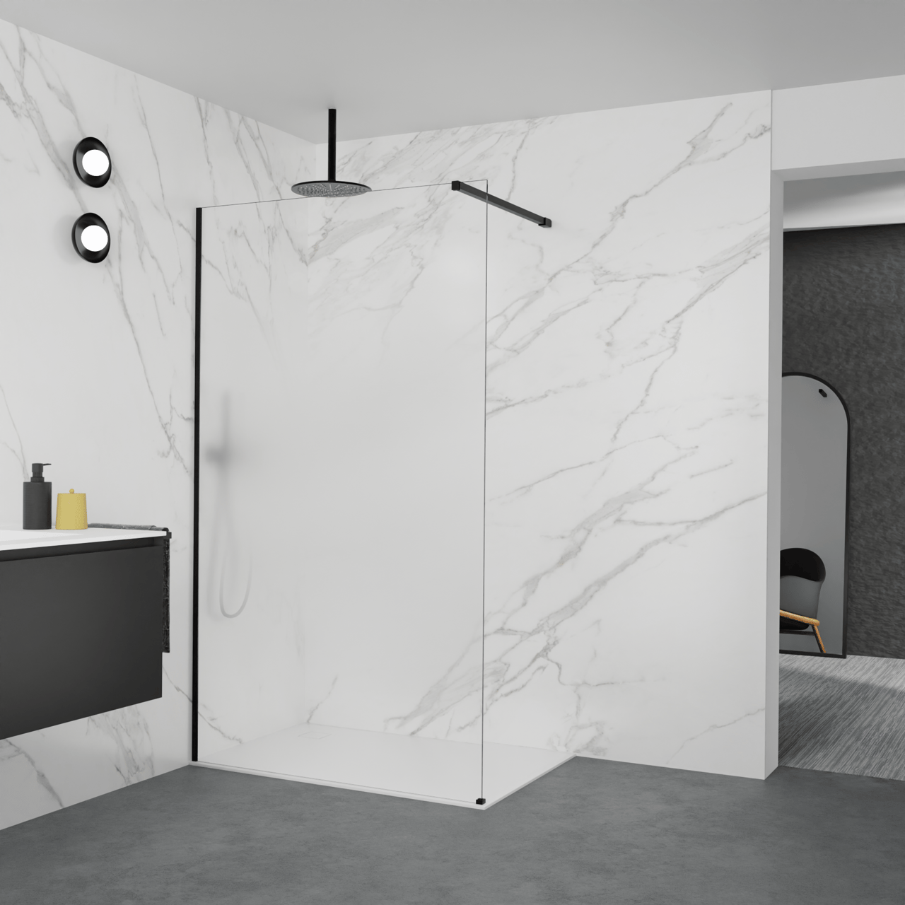 Balmani Modular douche à l'italienne: 120 x 200 cm, Permafrost, avec coating, Profil Noir mat