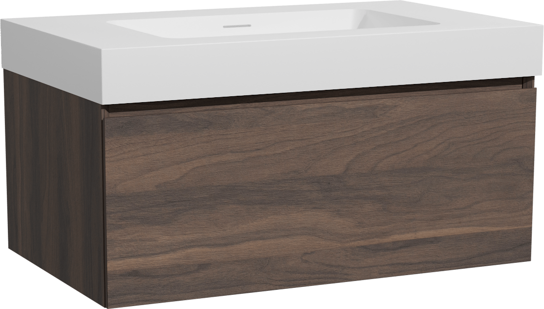 Storke Edge zwevend badmeubel 85 x 52 cm notenhout met Mata High enkele wastafel in solid surface mat wit