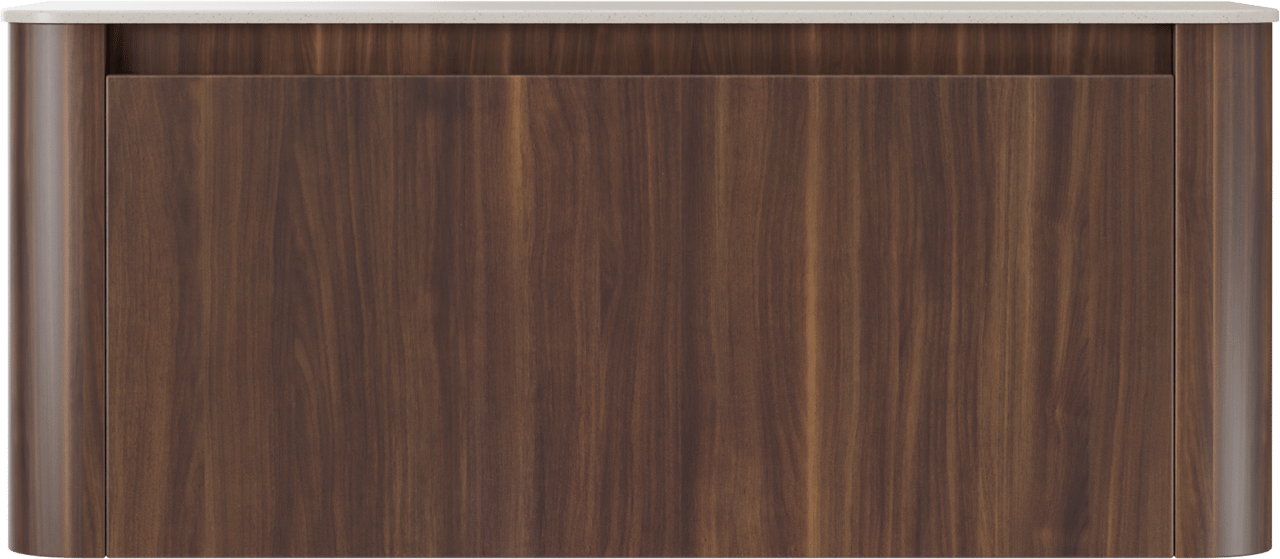 Storke Soft zwevend badkamermeubel 120 x 46 cm notelaar met Tavola Soft enkele of dubbele tablet in solid surface beige granita