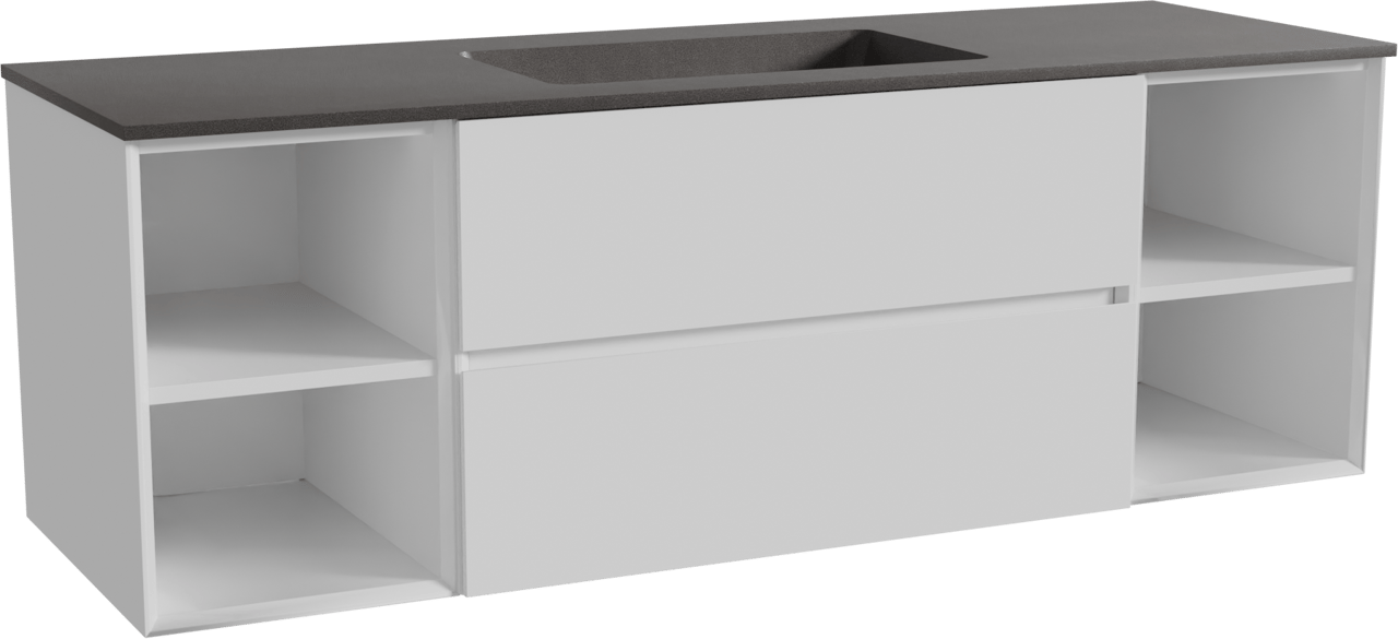 Storke Edge meuble salle de bains suspendu 155 x 52 cm blanc brillant avec Scuro plan simple en quartz noir mat
