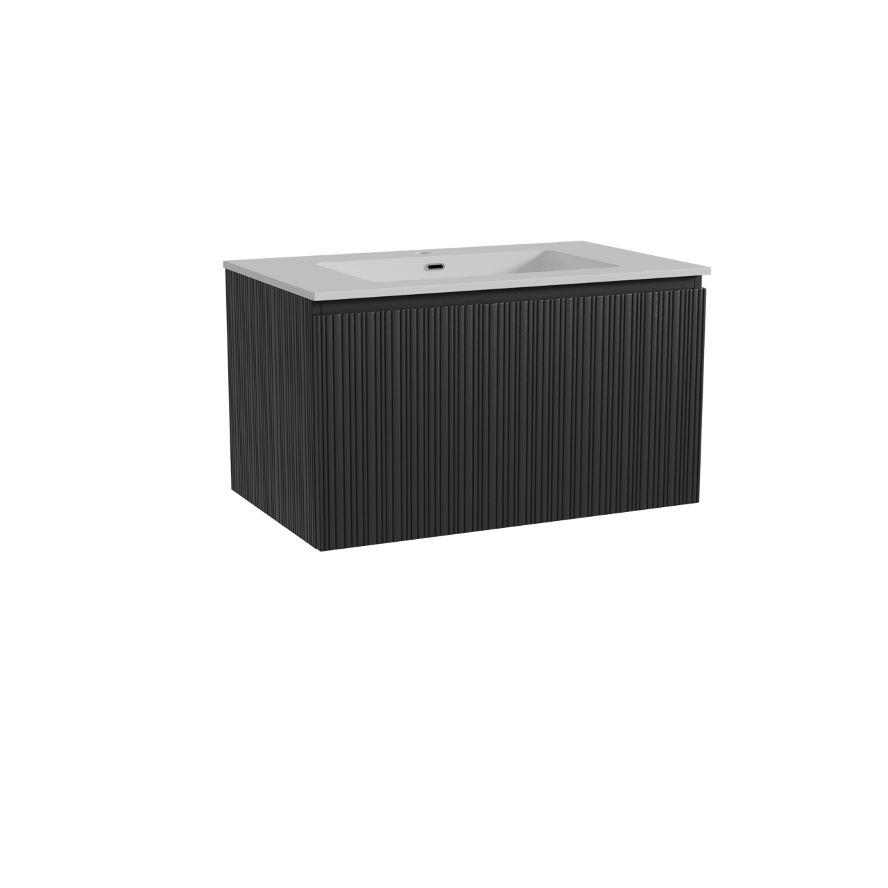 Storke Ribs hängendes Möbelstück Set: 85 x 52 cm, Schwarze Eiche, mit Diva Einzelwaschtisch, Marmorkomposit, Weiß glänzend, Vertikale asymmetrische gerade Rippe