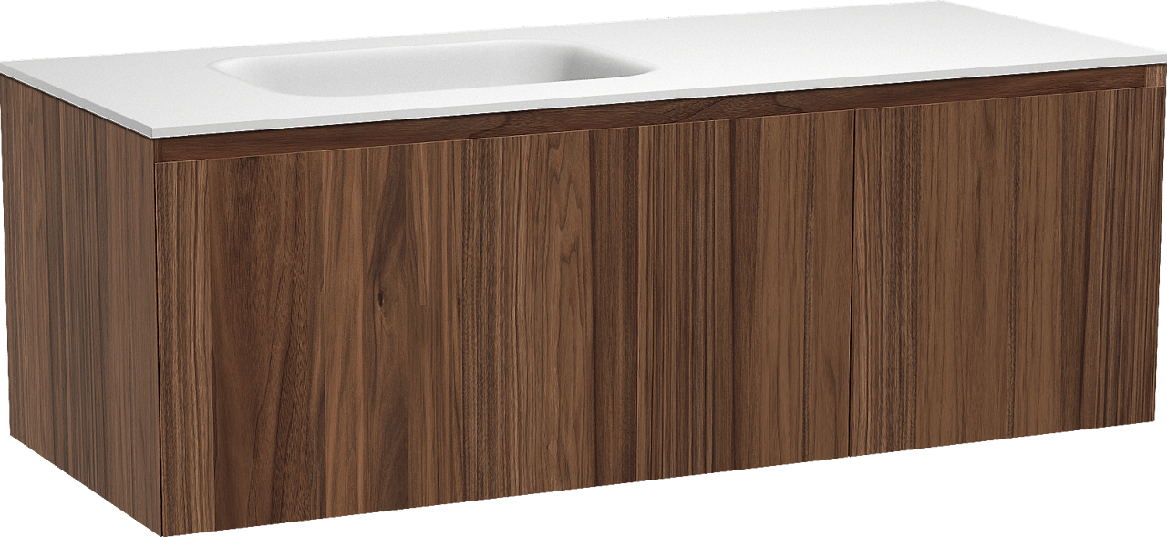 Balmani Idra meuble salle de bains suspendu 135 x 55 cm noyer avec Tablo Arcato plan vasque asymétrique à gauche en solid surface blanc mat