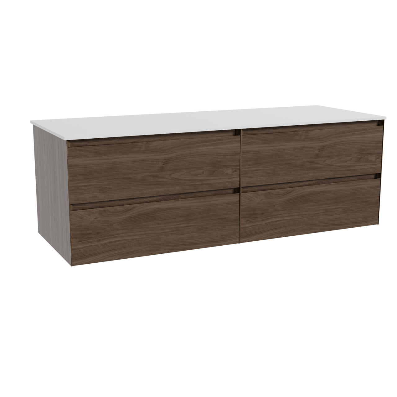 Balmani Mitra hängendes Möbelstück Set: 150 x 55 cm, Amerikanischer Nussbaum, mit Stretto Einzel- oder Doppel Waschtischplatte, Solid Surface Weiß matt