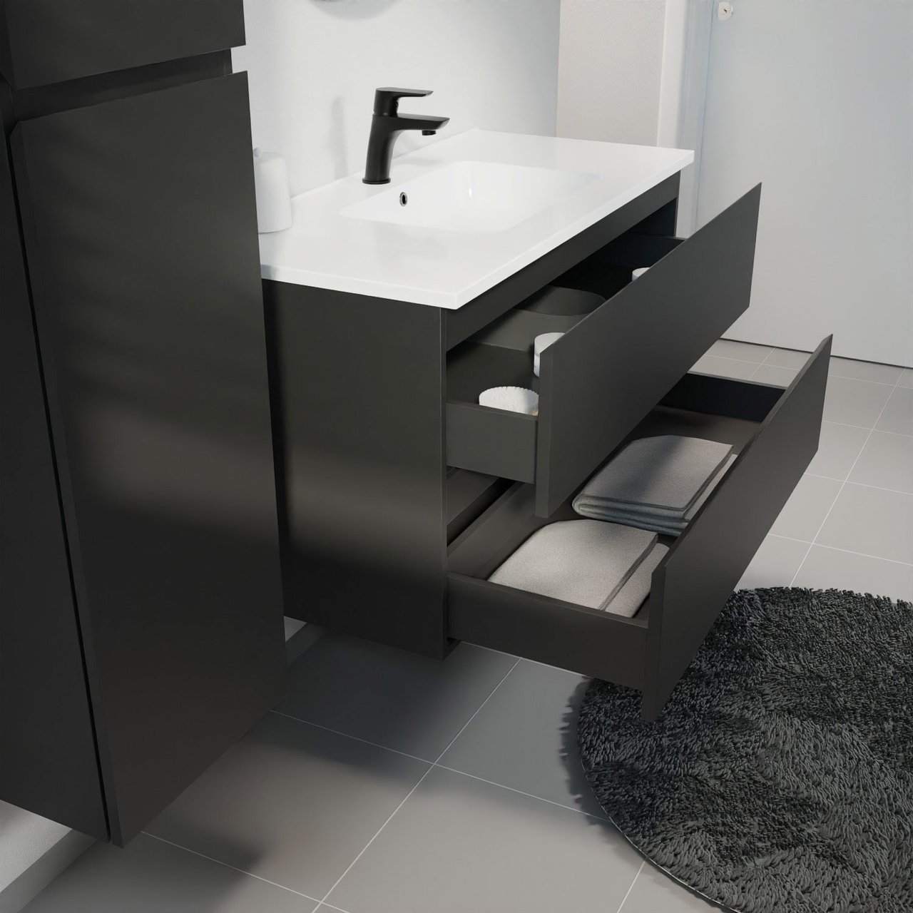 Linie Lado hängendes Möbelstück Set: 100 x 46 cm, Schwarz matt, mit Vano Einzelwaschtisch, Marmorkomposit Weiß glänzend