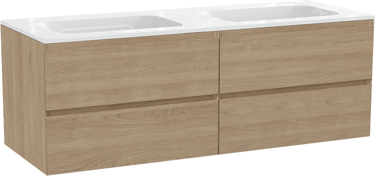 Balmani Mitra zwevend badmeubel 150 x 55 cm naturel eiken met Tablo Strada dubbele wastafel in composietmarmer hoogglans wit