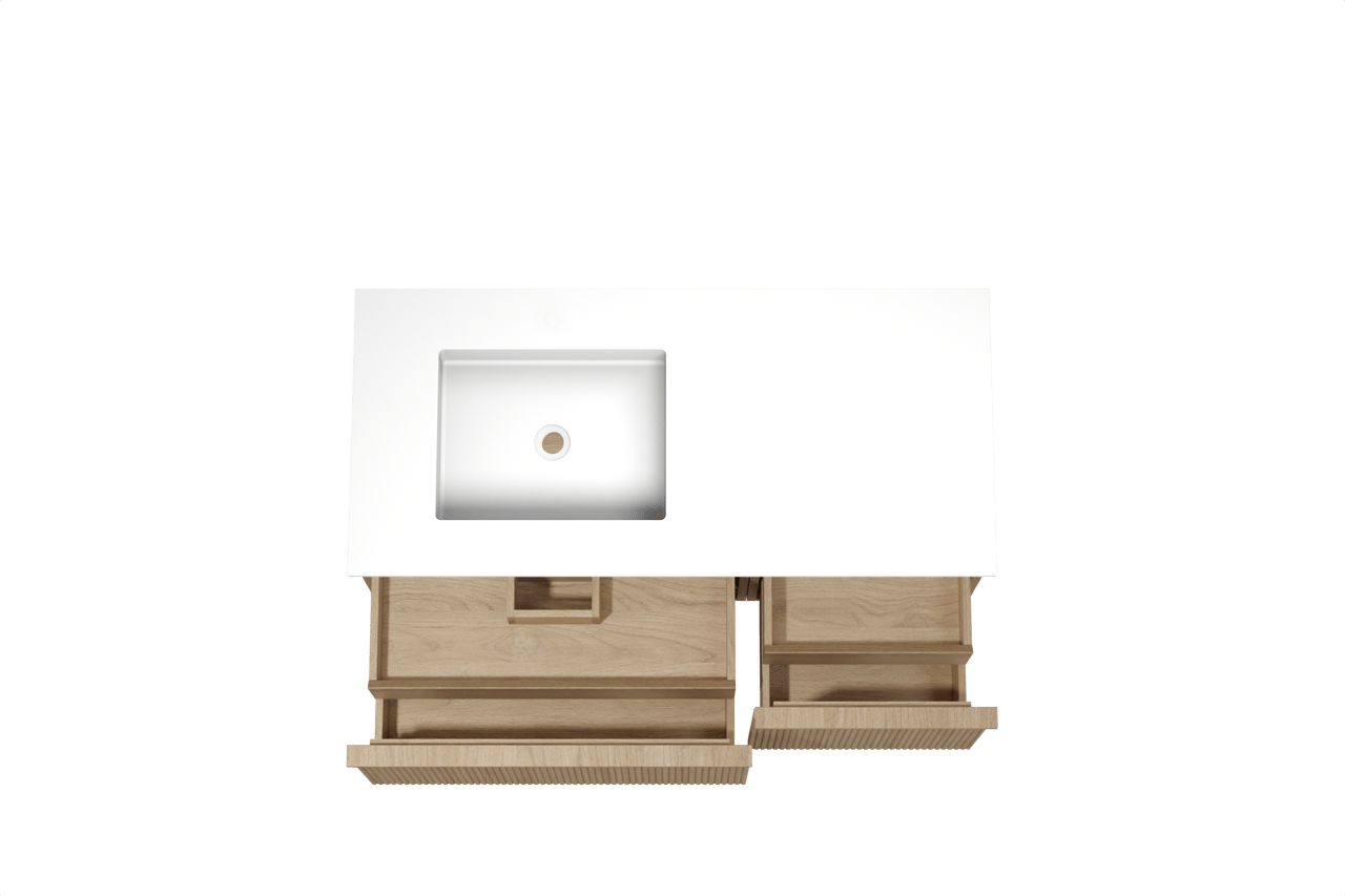 Balmani Forma hängendes Möbelstück Set: 120 x 55 cm, Naturbelassene Eiche, mit Tablo Stretto Waschtisch links, Solid Surface, Weiß matt, Vertikale symmetrische gerade Rippe