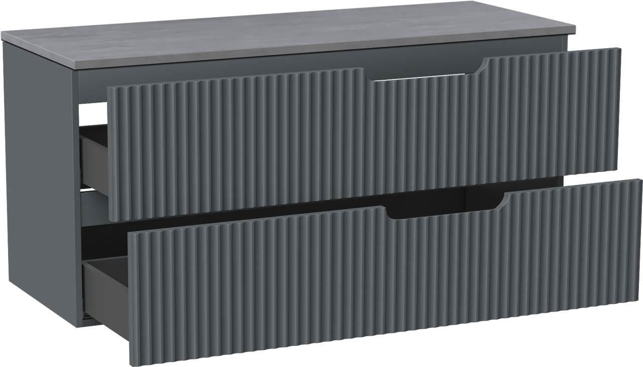 Linie Ribbo zwevend badmeubel 120 x 46 cm blauw antraciet met Lado enkel of dubbel wastafelblad in melamine beton donkergrijs, Verticale symmetrische ronde ribbel