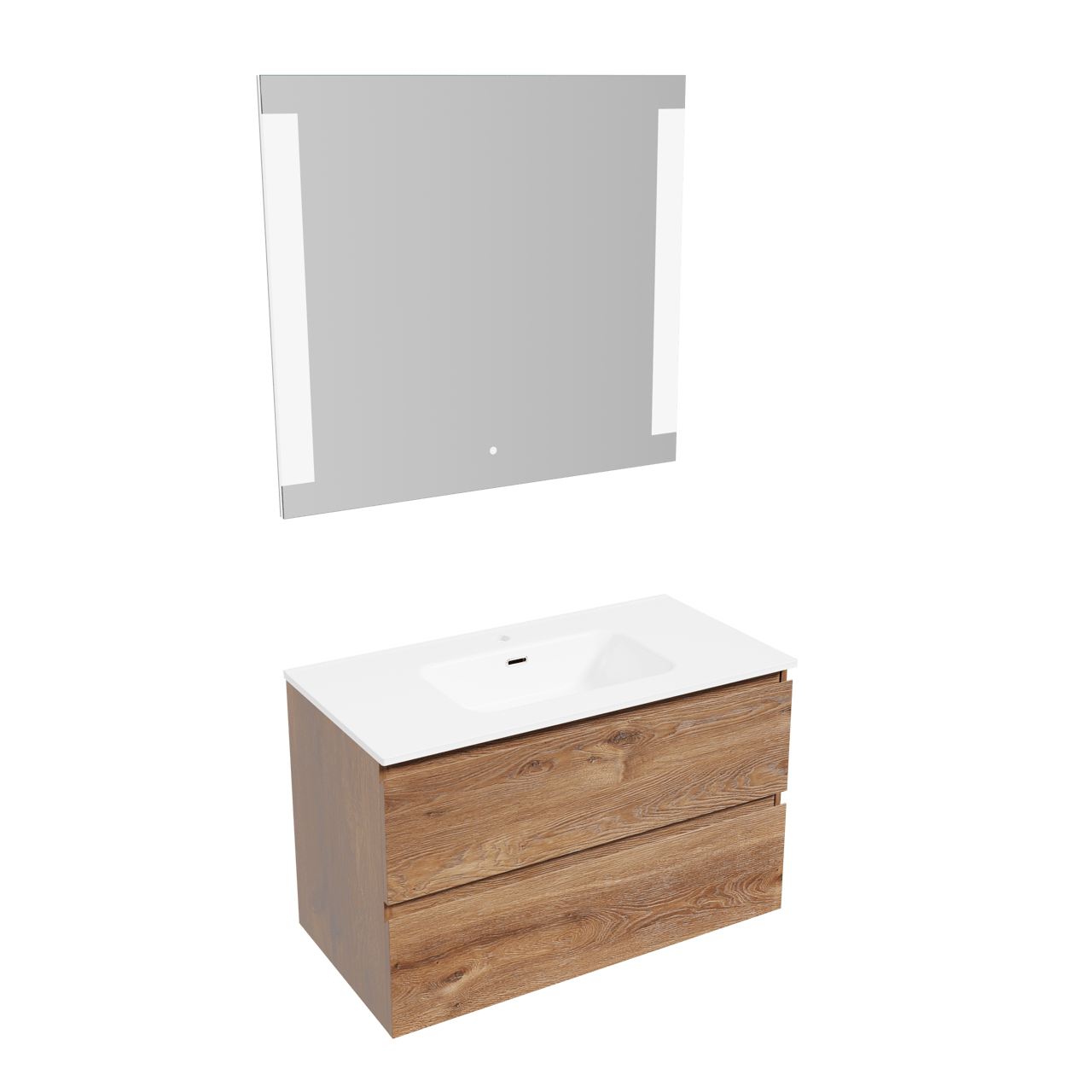 Linie Lado meuble de salle de bains suspendu 90 x 46 cm chêne brun avec Baro plan simple en porcelaine blanc mat et Lunar miroir