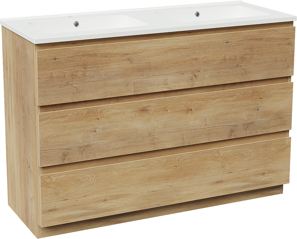 Linie Lado freistehendes Möbelstück Set: 120 x 46 cm, Naturbelassene Eiche, mit Vano Doppelwaschtisch, Marmorkomposit Weiß glänzend