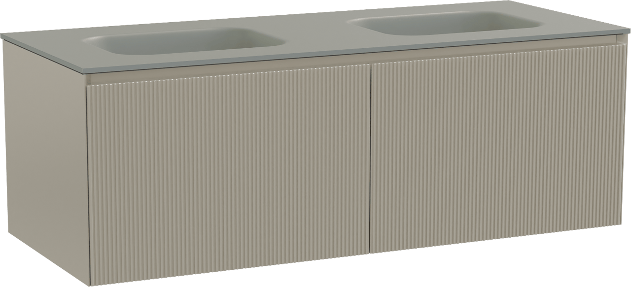 Balmani Fila hängendes Möbelstück Set: 135 x 55 cm, Steingrau, mit Tablo Arcato Doppelwaschtisch, Solid Surface, Steingrau, Vertikale symmetrische gerade Rippe