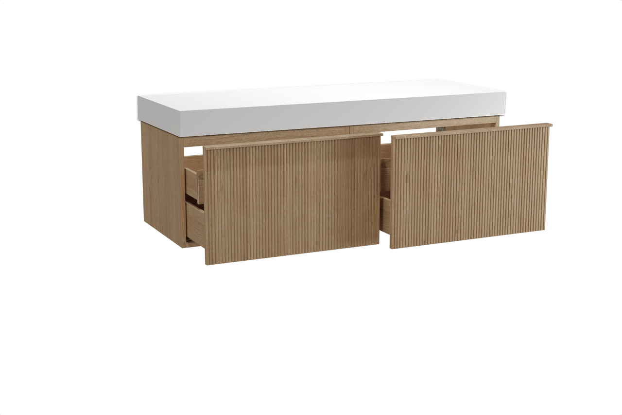 Balmani Forma meuble salle de bains suspendu 150 x 55 cm chêne naturel avec Dominus tablette simple ou double en solid surface blanc mat, Nervure droite symétrique verticale