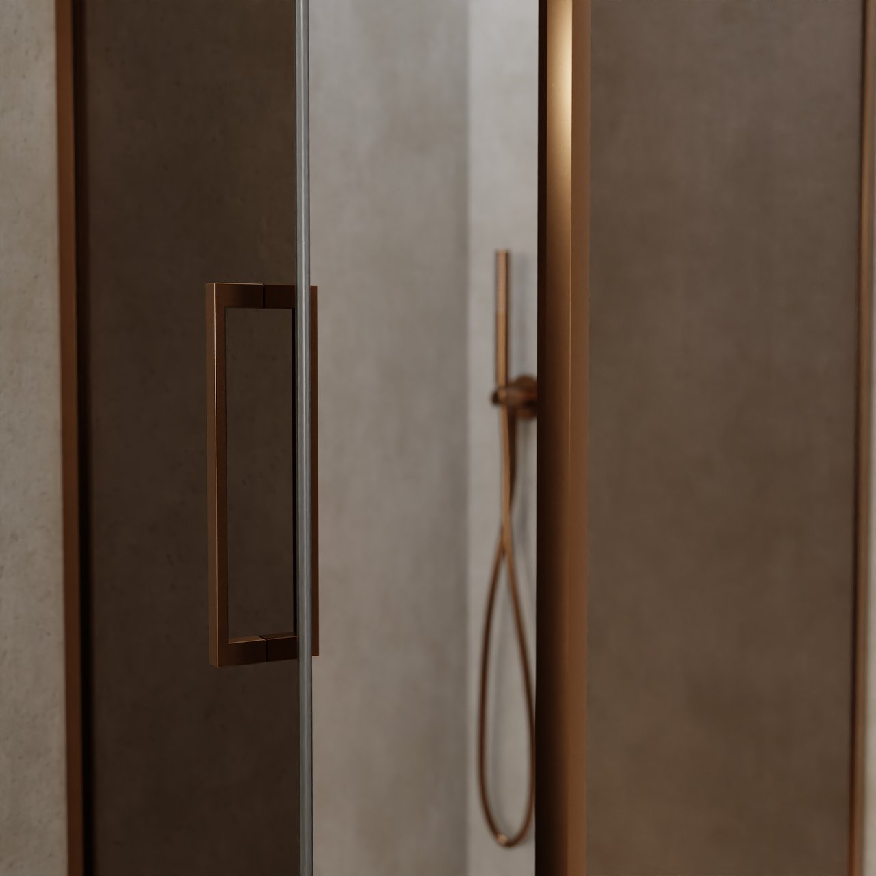 Balmani Senses Design Eckdusche: Drehtür (Links) mit fixierte Seitenwand, 90 x 90 cm, Bronze, Profil Brushed Rosegold