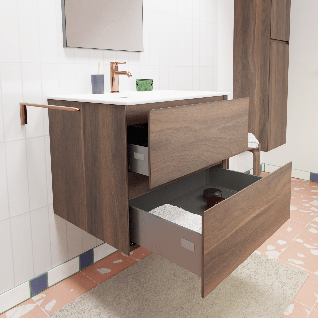 Storke Edge zwevend badkamermeubel 65 x 52 cm notelaar met Mata enkele wastafel in solid surface mat wit