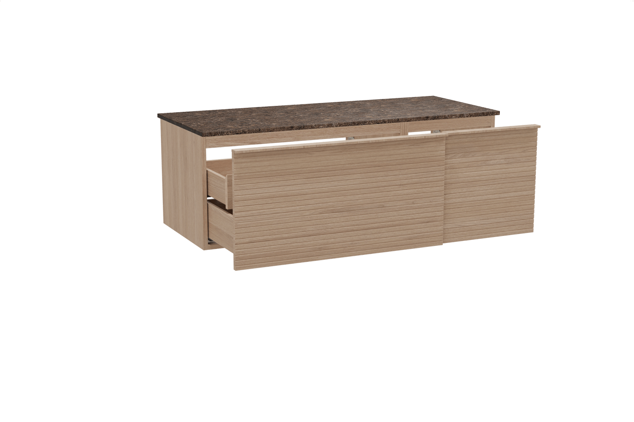 Balmani Forma hängendes Möbelstück Set: 135 x 55 cm, Naturbelassene Eiche, mit Stretto Einzel- oder Doppel Waschtischplatte, Marmor, Dark Emperador, Horizontale symmetrische gerade Rippe