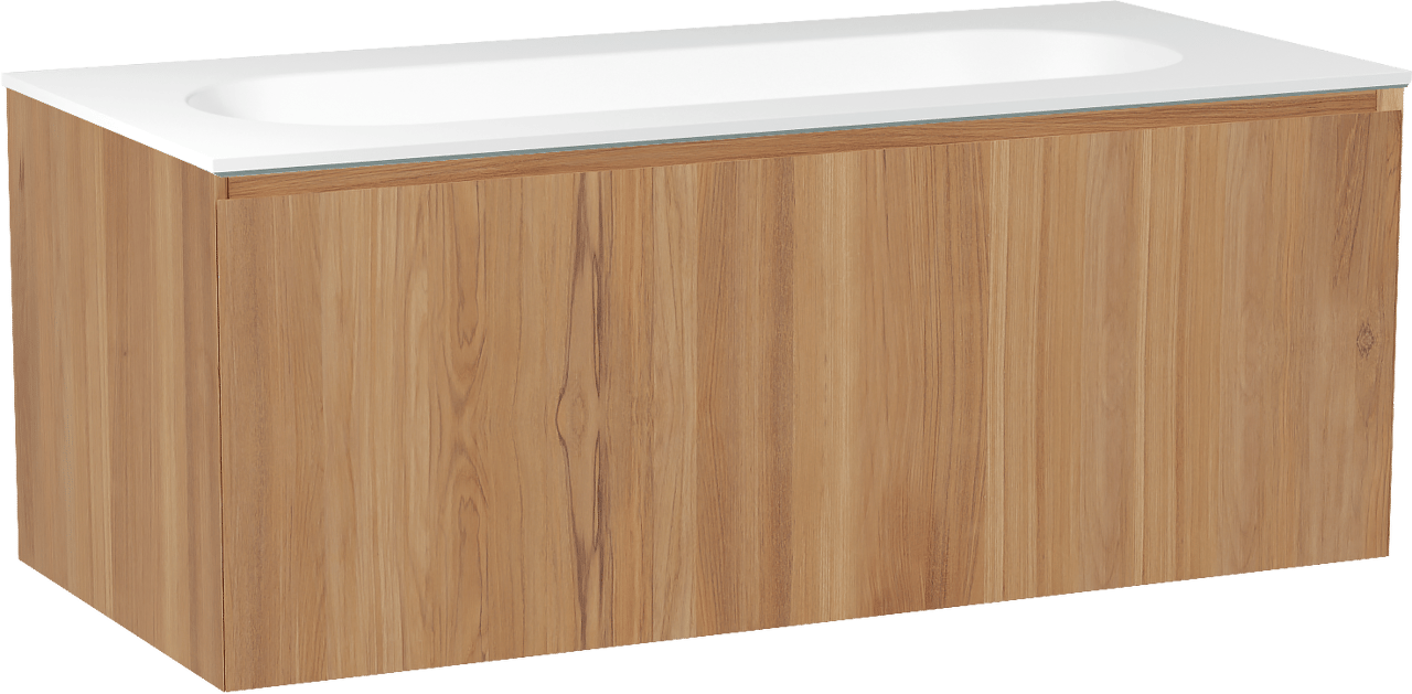 Balmani Idra zwevend badmeubel 120 x 55 cm teakhout met Tablo Oval enkele wastafel voor 2 kraangaten in solid surface mat wit