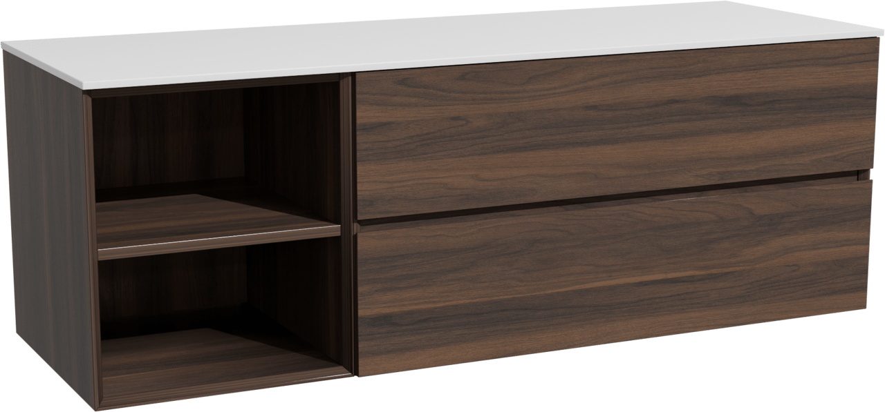 Storke Edge zwevend badmeubel 150 x 52 cm notenhout met Tavola enkel of dubbel wastafelblad in solid surface mat wit