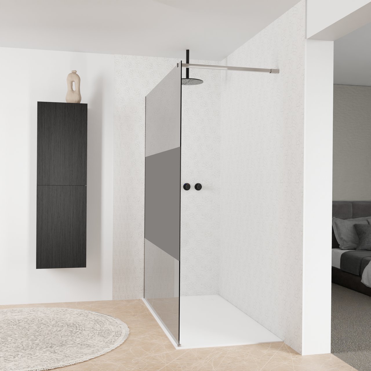 Balmani Modular inloopdouche: 160 x 200 cm, Rookglas met matte strook, Brushed Inox profielen