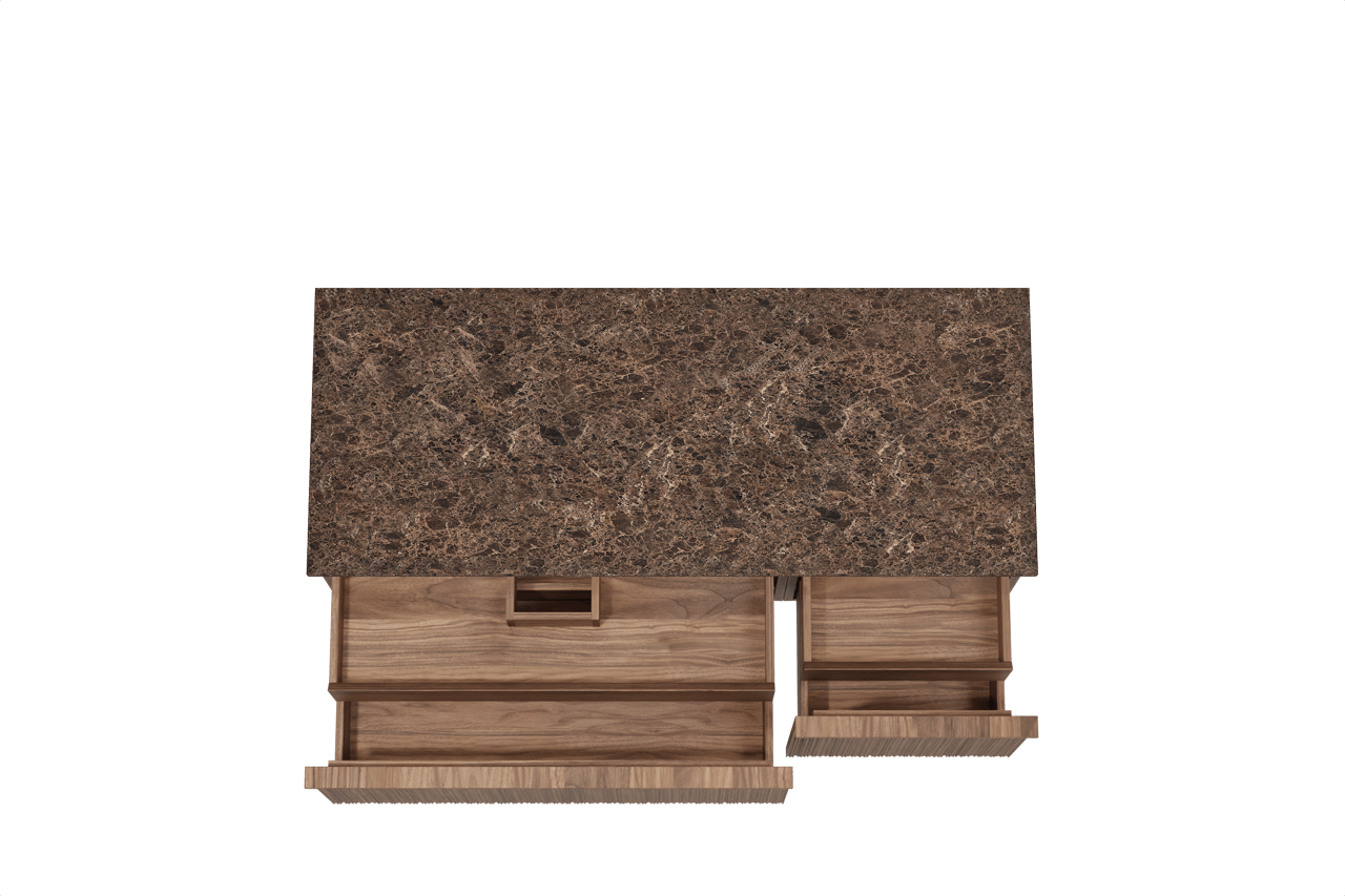 Balmani Forma zwevend badmeubel 135 x 55 cm amerikaans notenhout met Stretto enkel of dubbel wastafelblad in marmer dark emperador, Verticale asymmetrische ronde ribbel