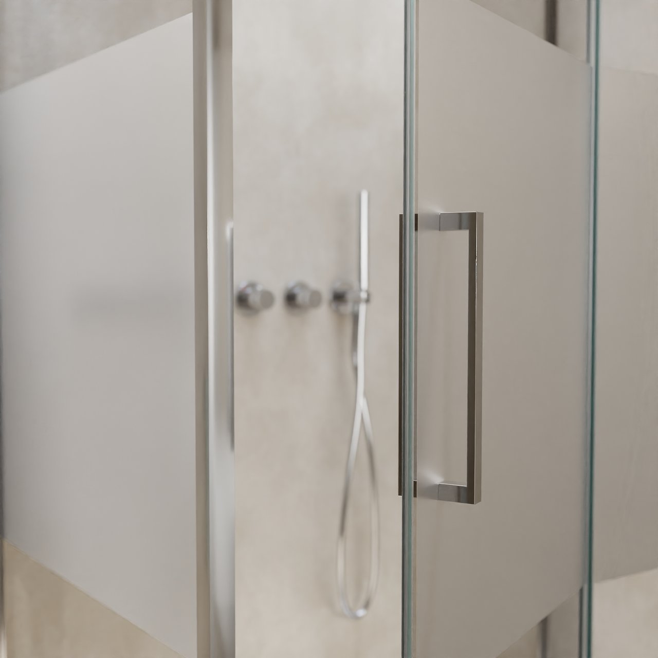 Balmani Senses Design douchehoek met rechtse draaideur en vaste zijwand, 100 x 100 cm, Helder glas met matte strook, Chroom profielen