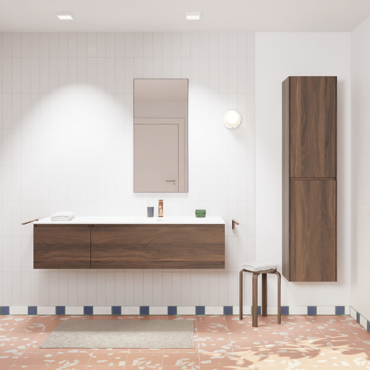 Storke Edge hängendes Möbelstück Set: 150 x 52 cm, Nussbaum, mit Mata Waschtisch rechts, Solid Surface Weiß matt