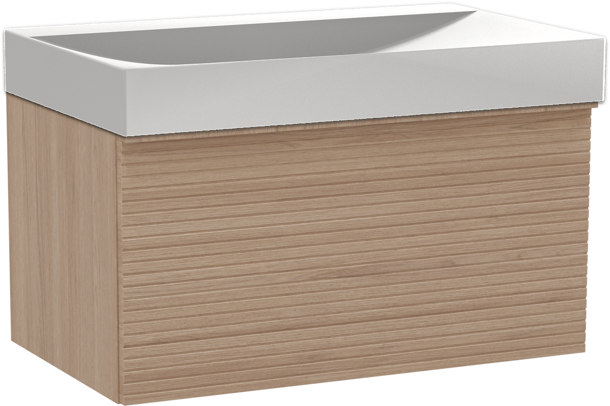 Balmani Forma hängendes Möbelstück Set: 90 x 55 cm, Naturbelassene Eiche, mit Wave Einzelwaschtisch, Solid Surface, Weiß matt, Horizontale symmetrische gerade Rippe