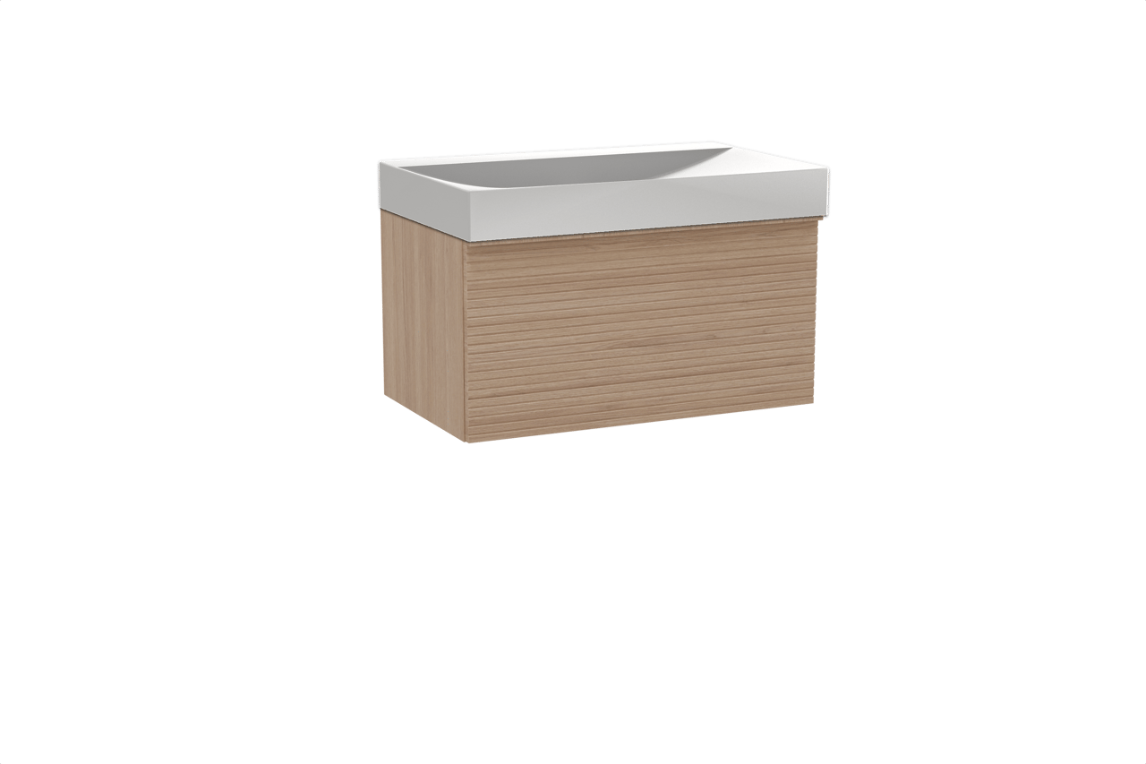 Balmani Forma zwevend badkamermeubel 90 x 55 cm natuur eik met Wave enkele wastafel in solid surface mat wit, Horizontale symmetrische rechte ribbel