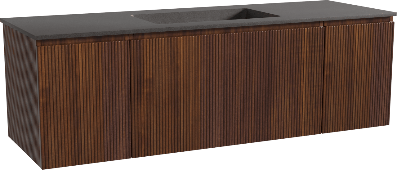 Storke Ribs zwevend badmeubel 155 x 52 cm notenhout met Scuro enkele wastafel in kwarts mat zwart, Verticale symmetrische rechte ribbel