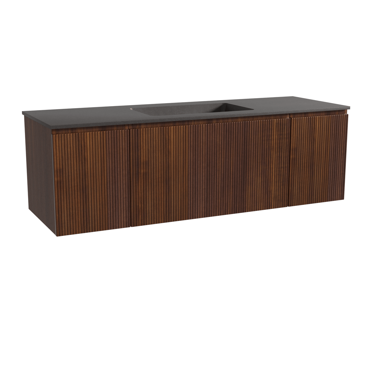 Storke Ribs zwevend badkamermeubel 155 x 52 cm notelaar met Scuro enkele wastafel in kwarts mat zwart, Verticale symmetrische rechte ribbel