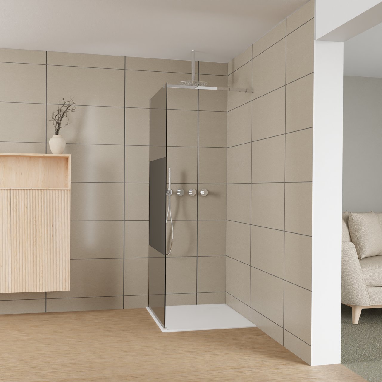Balmani Modular Walk-In Dusche: 90 x 200 cm, Rauchglas mit mattiertem Streifen, inklusive Coating, Profil Chrom glänzend