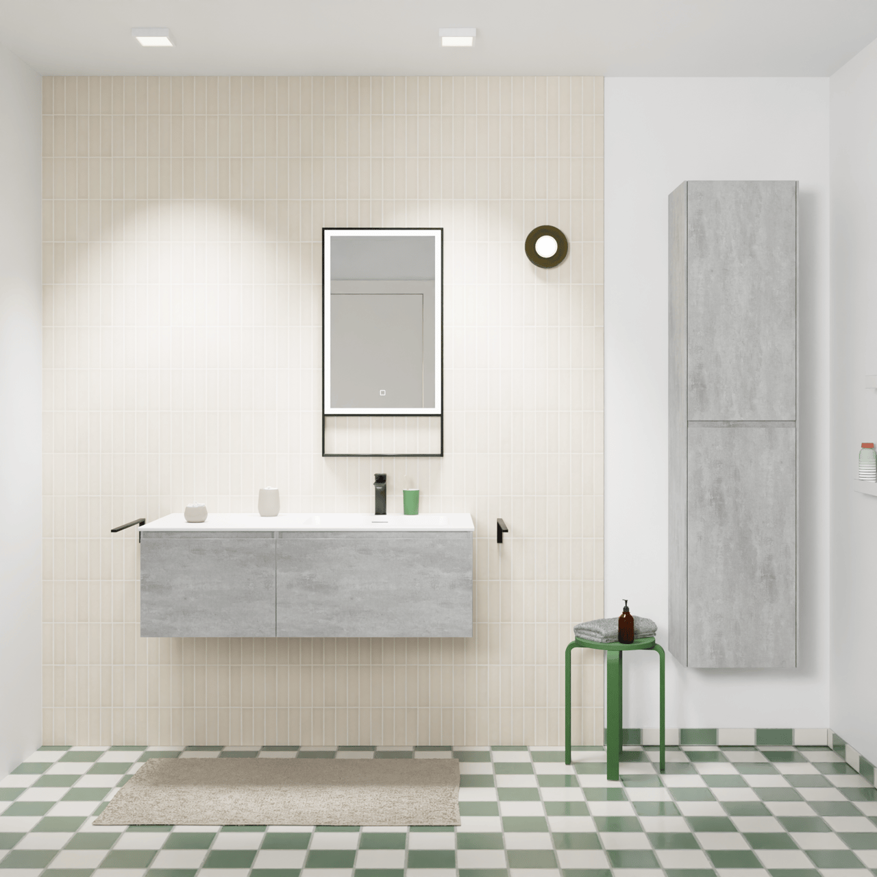 Storke Edge meuble salle de bains suspendu 110 x 52 cm béton gris foncé avec Mata plan vasque asymétrique à droite en solid surface blanc mat