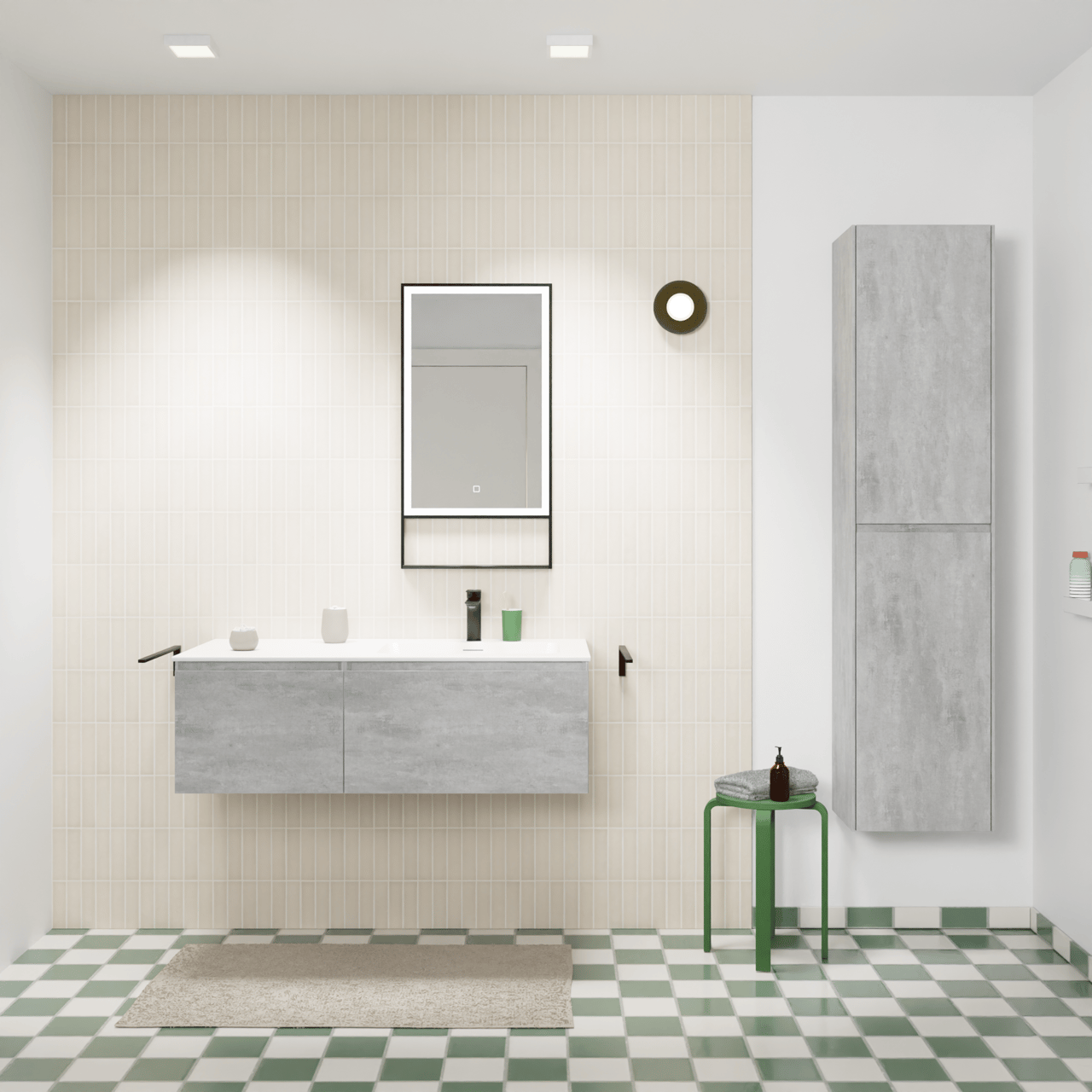 Storke Edge meuble salle de bains suspendu 110 x 52 cm béton gris foncé avec Mata plan vasque asymétrique à droite en solid surface blanc mat