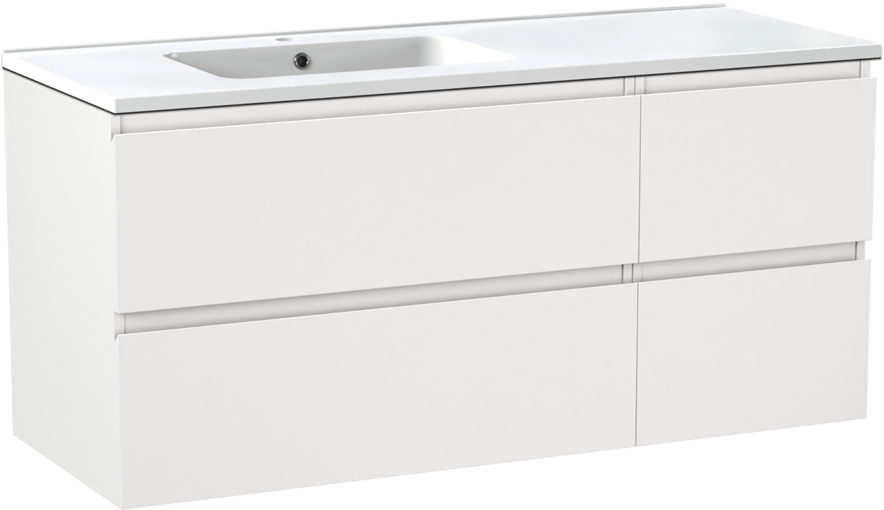 Linie Lado meuble salle de bains suspendu 120 x 46 cm blanc mat avec Vano vasque asymétrique gauche en marbre composite blanc brillant